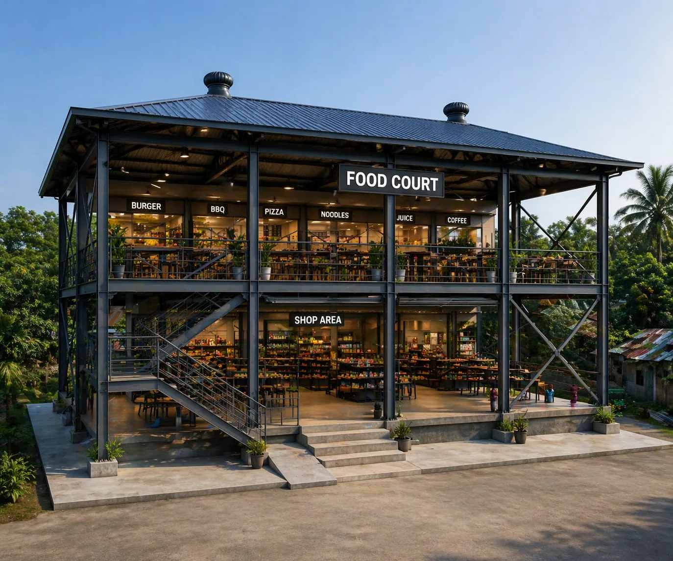 Illustrative two-storey steel food court building concept