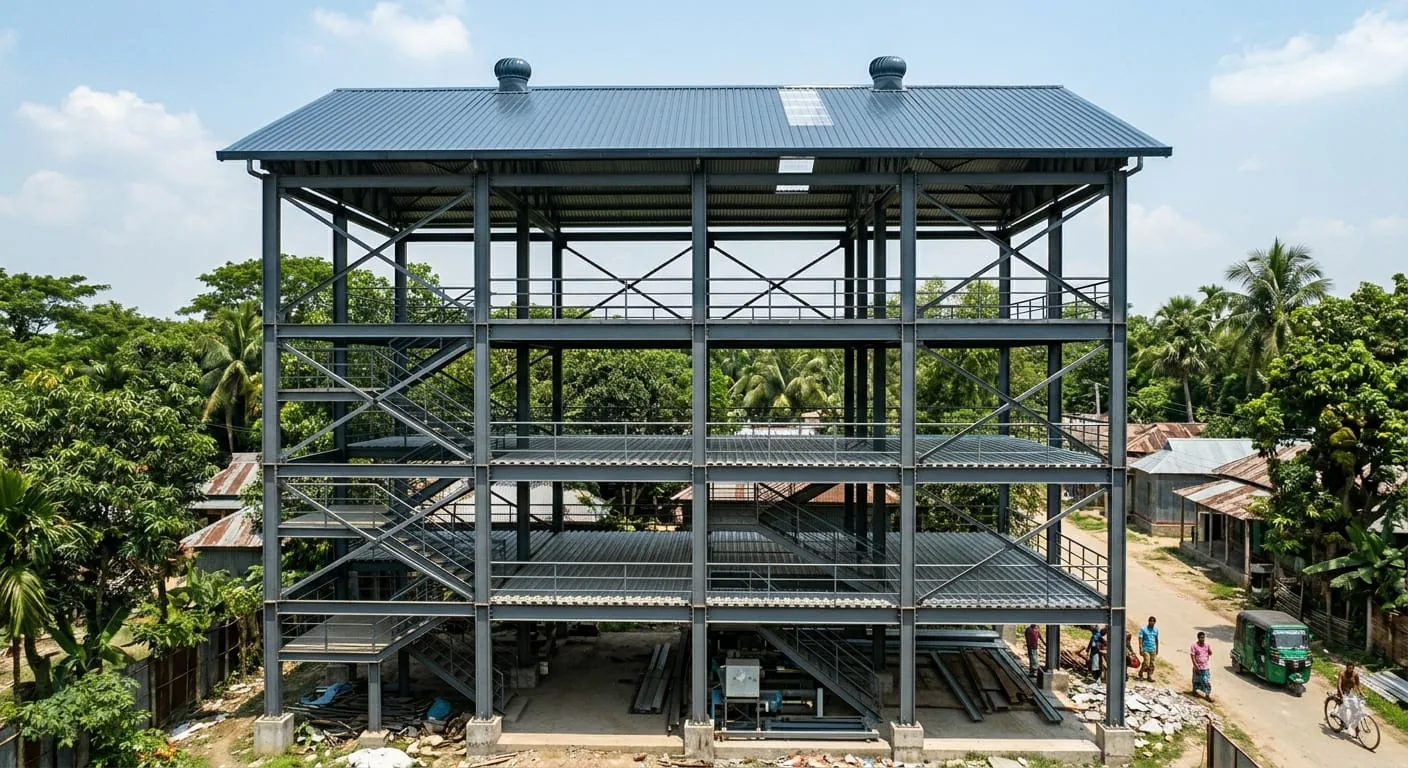 Illustrative four-level steel building frame concept