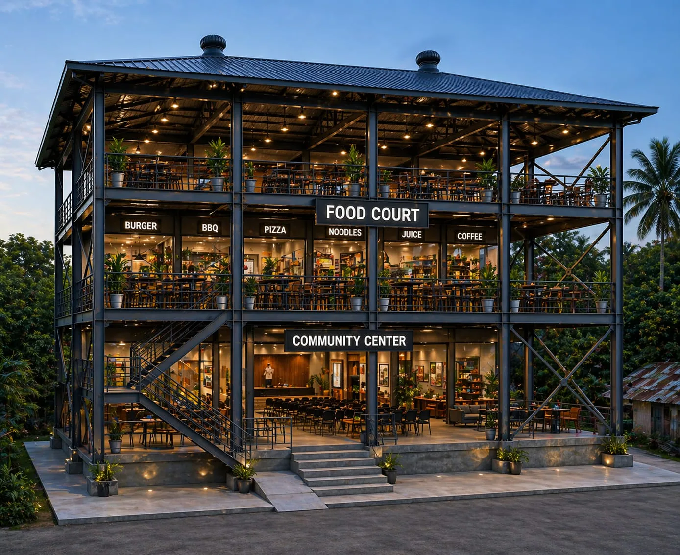 Illustrative three-storey steel food court and community center concept